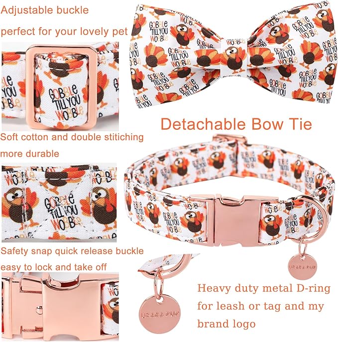 Thanksgiving Dog Collar with Bow Tie, Turkey Cotton Bowtie Collar for Puppy Girl Dog or Cat, Autumn Bow Tie Collar with Durable Metal Buckle, Turkeys Pet Collar, L, Neck 16-24in