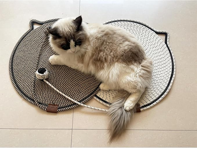 Cat Scratcher Mat Natural Cotton Rope Cat Scratching Pad, Large Size Scratching Pad with Toy (2 Packs 19.6'') (Black + White)