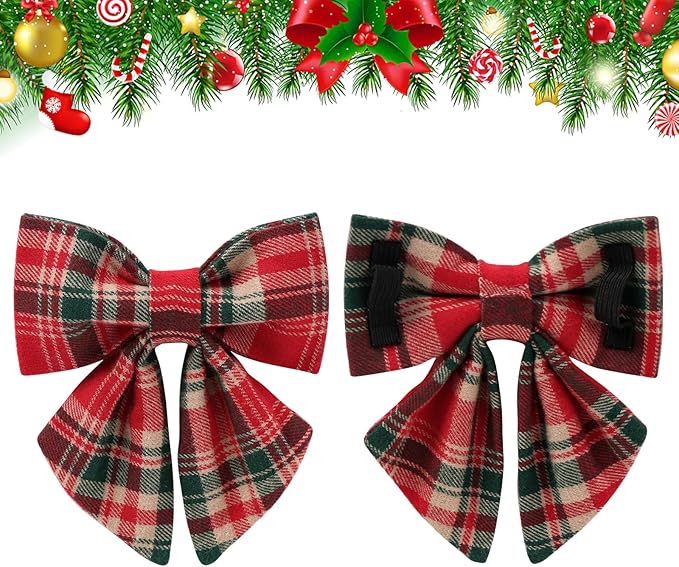 Christmas Plaid Dog Collar with Bow Tie– Adjustable Red & Green Checkered Dog Collar for Small Medium Large Dogs, Soft Xmas Plaid Puppy Collars with Quick Release Buckle S