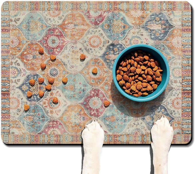 Moroccan Trellis Dog Food & Water Mat, Mexican Talavera Boho Colorful Pet Feeding Mat for Floor Non-Slip Waterproof, Super Absorbent Cat Bowl Mat, Easy to Clean Durable Pet Placemat,24" × 32"