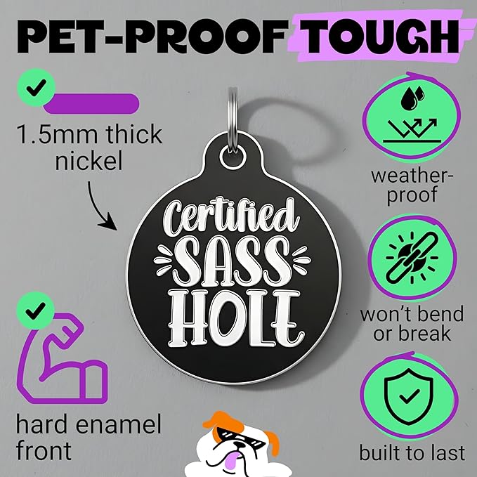 Bad Tags Personalized Dog and Cat ID Tags in 25+ Designs and 2 Sizes - 5 Lines of Custom Engraved Text - Funny Cute Personalized Pet Tags (Certified Sass Hole, Large (1.25 inch))