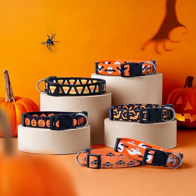 Native Pup Halloween Dog Collar- Spooky Fall Themed Horror Costume Collars- Skull, Pumpkin, Ghost, Bat, Witch, Candy Corn, Spider- Adjustable for Small, Medium, Large Breeds (Small, Bats and Moon)