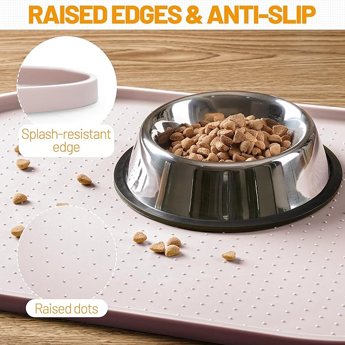 Hubulk 100% Waterproof Silicone Pet Feeding Mat with Raised Edge for Food and Water, Dog Bowl Mats, Cat Bowls Placemat with High Lip Protects Floor for Cats and Dogs (White Sand, 19" L x 12" W)