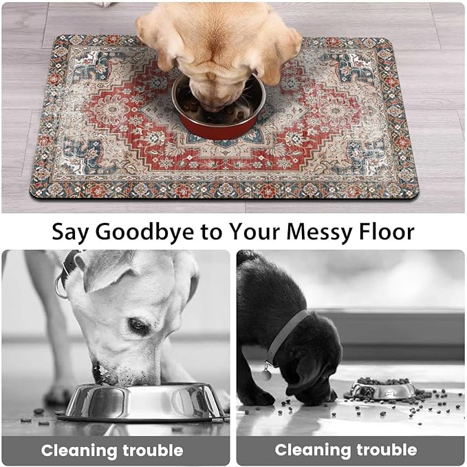 Dog Food Mats for Floors, Absorbent and Quick-Drying Pet Cat Food Mat,Anti-Fouling and Easy-to-Clean Pet Feeding Mat,Dog Bowl Mat for Messy Drinking Water Bowls.16 x24, Bohemia Style