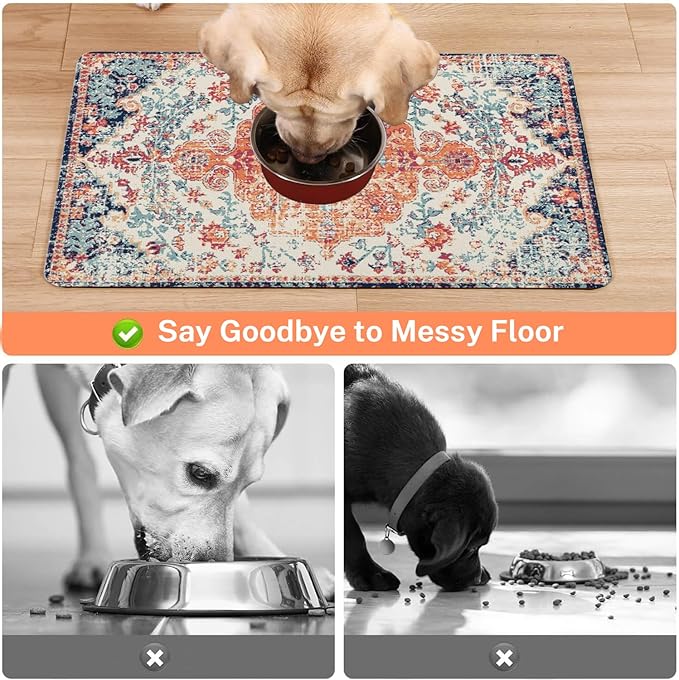 Absorbent Pet Dog Bowl Mat for Food and Water, Pet Cat Food Feeding Mat with Non Slip Rubber Backing, Dog Food Mats for Floors Waterproof, 17"x30"