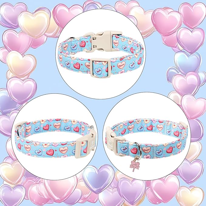 Valentines Dog Collar for Medium Dogs - Valentine Candy Hearts Dog Collars, Love Boy Girl Dogs Collars, Lightweight Adjustable Cute Blue Puppy Collar with Quick-Release Buckle M