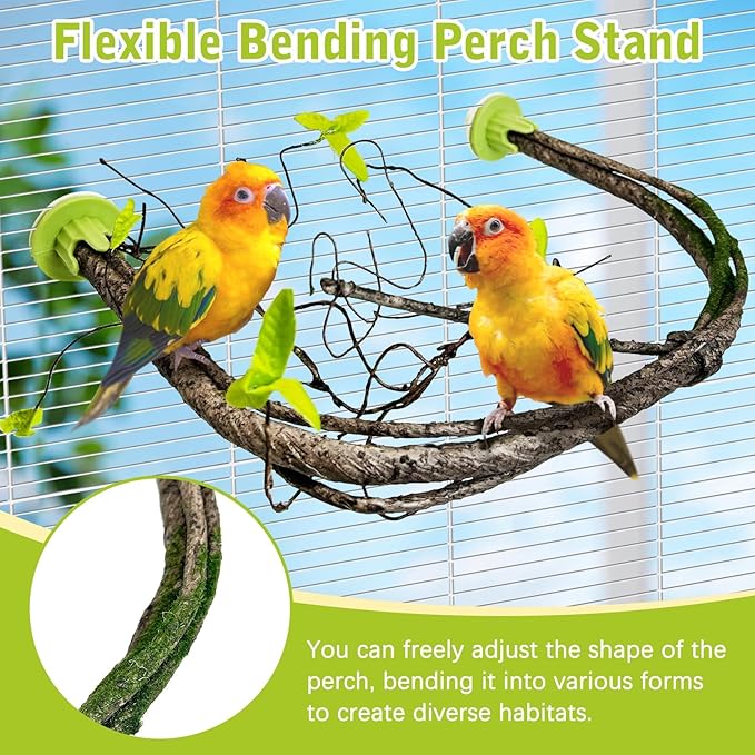 PINVNBY 2 PCS Bendable Bird Perches Simulation Branch Parrot Perch Stand with Green Leaf Hanging Paw Grinding Fork Cage Accessories for Parakeet Budgie Finch Cockatiel Conure (Large)