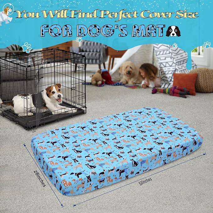 Replacement Dog Bed Covers Elastic Edged Washable Pet Bed Protector with Cute Dog Pattern Design for Small & Medium Pet Beds, Cover Only (Blue, 52x28x5 Inch)