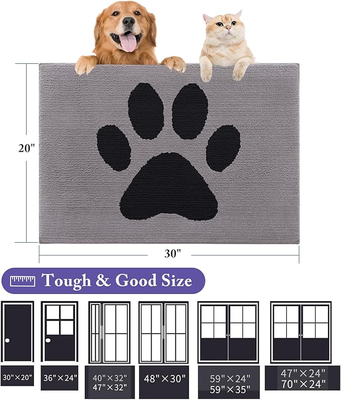 Buganda Dog Door Mat for Muddy Paws, Absorbent Dirt Trapper Non Slip Indoor Doormats, Washable Low-Profile Mat for Mud Dogs, Entryway Carpet for Inside Floor (36x24 Inches, Grey)