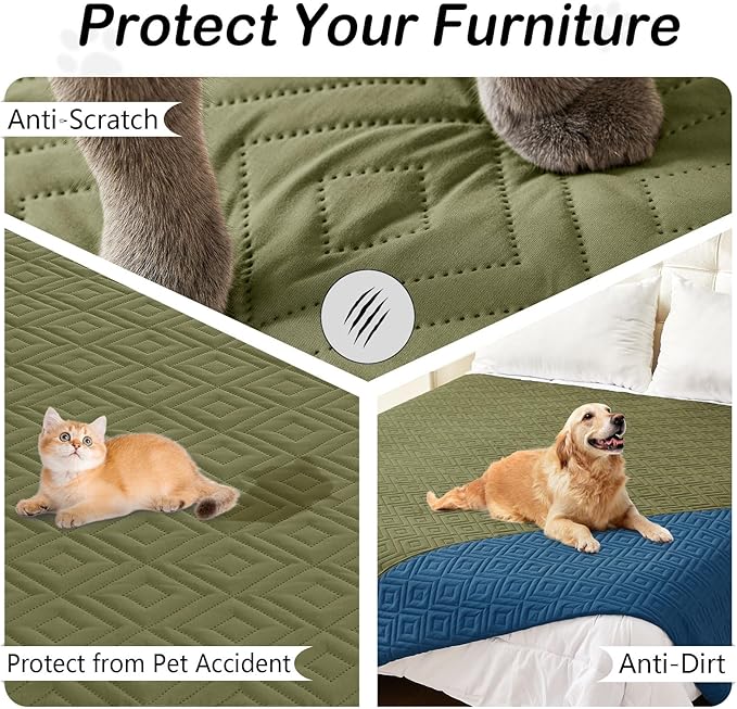 hyha Waterproof Dog Blanket, Soft Pet Bed Blankets, Waterproof Sofa Couch Cover for Dogs Washable, Reversible Pet Couch Covers for Sofa Furniture (30x90 Inch, Green/Navy Blue)