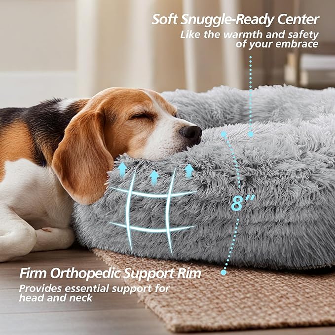 JOLLYVOGUE Calming Dog Bed for Small Dogs - 23 inches Donut Washable Small Dog Bed for Kittens & Puppies, Anti-Slip Round Fluffy Plush Faux Fur Cat Beds (Fits up to 25 lbs Pets, Grey)