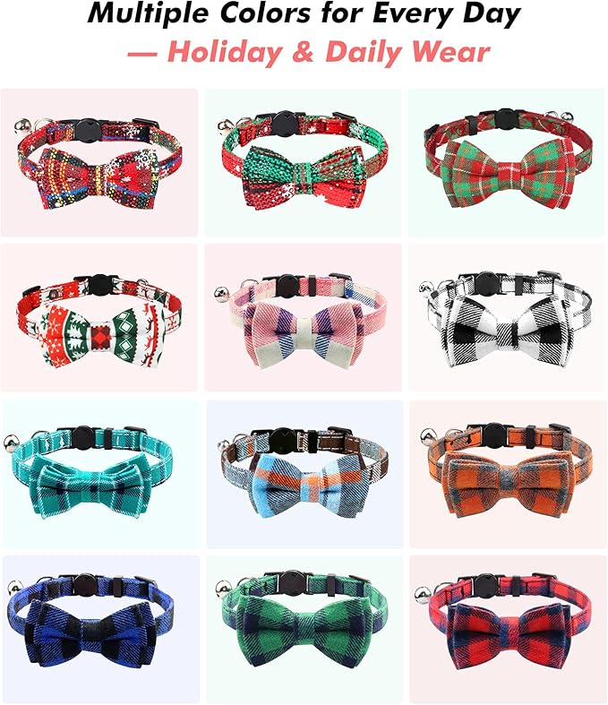 Joytale Upgraded Cat Collar with Bells, Breakaway Cat Collars with Bow Tie, 1 Pack Girl Boy Safety Plaid Kitten Collars, Red