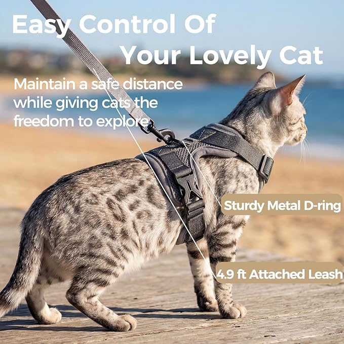 Cat Harness and Leash Set Escape Proof Tactical Extra Large Kitten Harness Emotional Support Cat Vest, Grey, XL