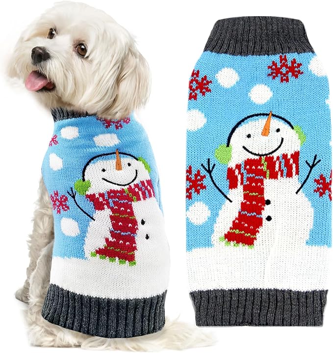 Pet Christmas Dog Sweaters Cute Animal Snowman Printed Puppy Xmas Costumes Winter Warm Turtleneck Jumpers Puppy Knitted Clothes Cat Outfits (XS, Blue Snowman)