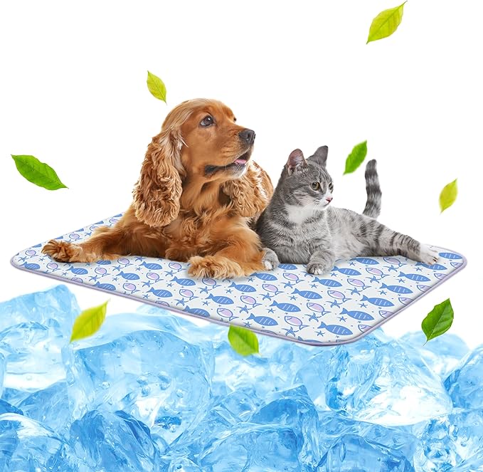 NWK Pack of 4 Pet Cooling Mat - Ice Silk Cooling Mat for Dogs & Cats Portable & Washable Pet Cooling Blanket, Car Seats, Beds for Summer (4pcs, Purple Fish, 39’’ X 27’’ X 0.3)