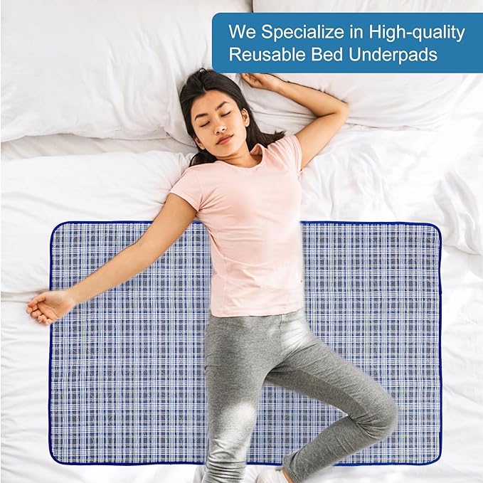 OUTCREATOR® Washable Bed Pads 34" x 76" (Pack of 2) for Incontinence Mattress Protector, Reusable Underpads for Elderly, Adults, Kids, Pets with Anti-Slip Bottom (Light Blue Plaid)