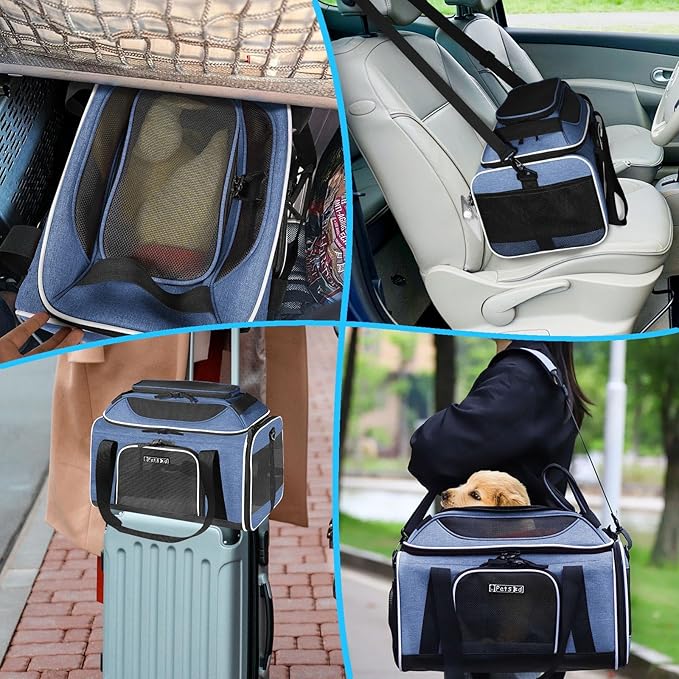Petskd Top-Expandable Pet Carrier 17x11x9.5 Inches Alaska Airline Approved, Soft-Sided Carrier for Small Cats and Dogs with Locking Safety Zippers and Anti-Scratch Mesh(Blue)