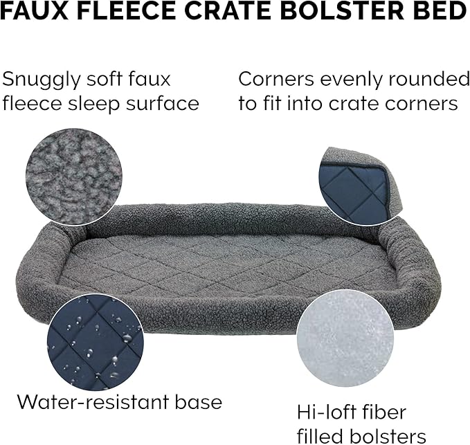 Furhaven Dog Bed for Medium/Small Dogs & Indoor Cats, 100% Washable, Sized to Fit Crates - Sherpa Fleece Bolster Crate Pad - Gray, Medium
