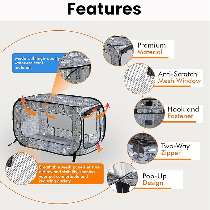 Beatrice Home Fashions Portable, Collapsible, Pop Up Kennel Travel Cat and Dog Crate, 24" L x 16.6" W x 16" H, Tail Waggers