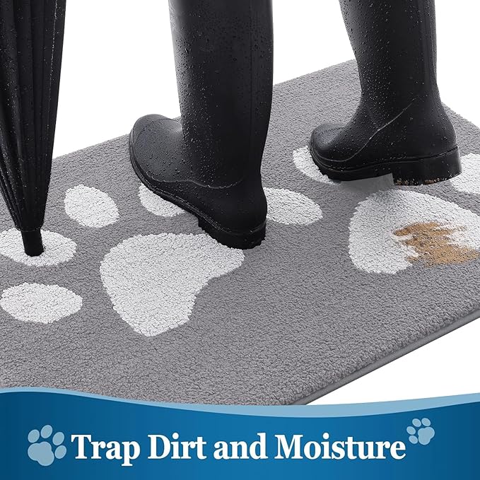 Buganda Dog Door Mat for Muddy Paws, Absorbent Dirt Trapper Washable Indoor Doormats, Non Slip Low-Profile Mud Mat for Dogs, Front Entrance Doormat for Inside Floor (47x24 Inches, Light Grey)