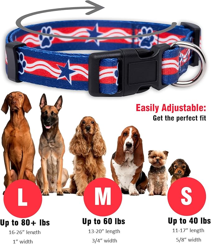 Native Pup American Flag Dog Collar- Red White and Blue- Patriotic Collars for 4th of July, USA- Adjustable Small, Medium, Large Breed Dogs (Small, Paws)
