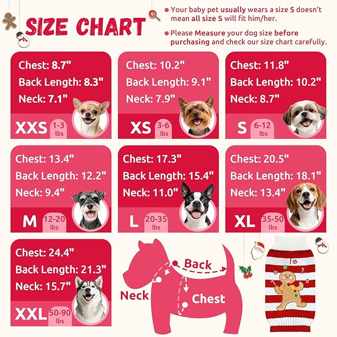 Dog Christmas Sweater Xmas Pet Clothes Cute Striped Gingerbread Man Costume Holiday Puppy Cat Jumpers Outfits New Year Gifts for Small Medium Large Dogs(Red Gingerbread Man,XS)
