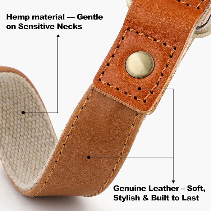 Plutus Pet Genuine Leather & Hemp Dog Collar – Adjustable Heavy Duty Pet Collar with Quick Release Metal Buckle, Soft & Stylish for Puppy and Small, Medium, Large Dogs (Light Brown, L)