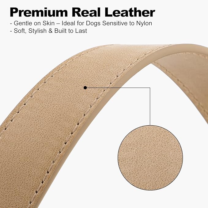Plutus Pet Genuine Leather Dog Collar – Adjustable Pet Collar with Quick Release Metal Buckle, Soft Real Leather for Small Medium Large Dogs, Heavy Duty & Skin-Friendly (Beige, S)