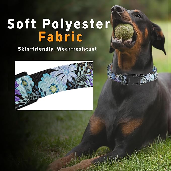 Dog Collar for Boys & Girls, Puppy Collar for Small to Large Dogs, Adjustable Soft Pet Collar with Safety Buckle for Male & Females (Purple Floral, L)