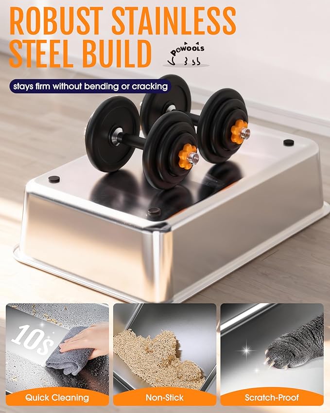 Cat Litter Box - Stainless Steel Litter Box with Lid for Kitty, Metal Base Enclosed Cat Box with Litter Scoop, Elevated Step Box, Activated-Carbon Pack, 17.1" x 13.2" x 15", Grey