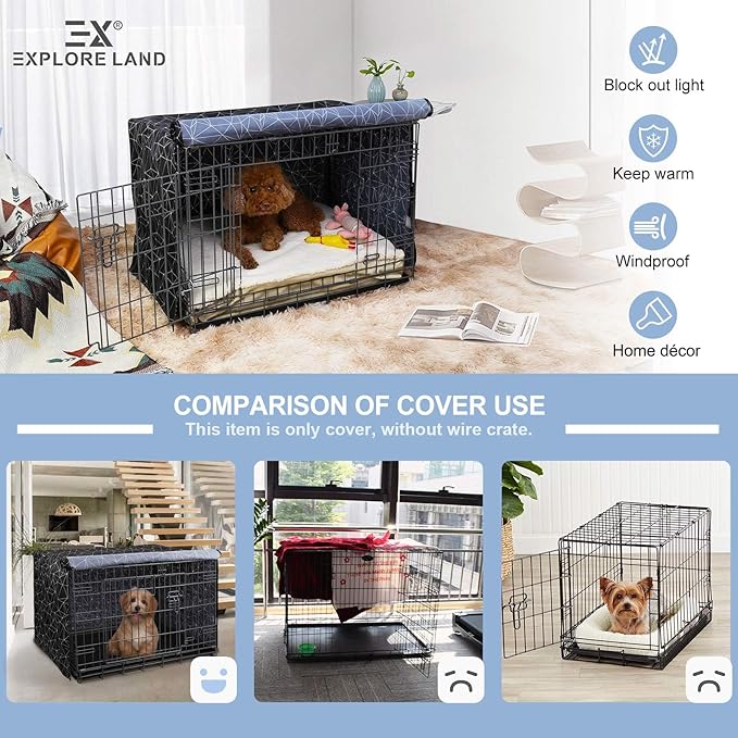 Explore Land Pattern Dog Crate Cover for 42 Inches Wire Cage, Heavy-Duty Polyester 1 2 3 Doors Standard Metal Pet Kennel Enclosure (Brief Polygonal)