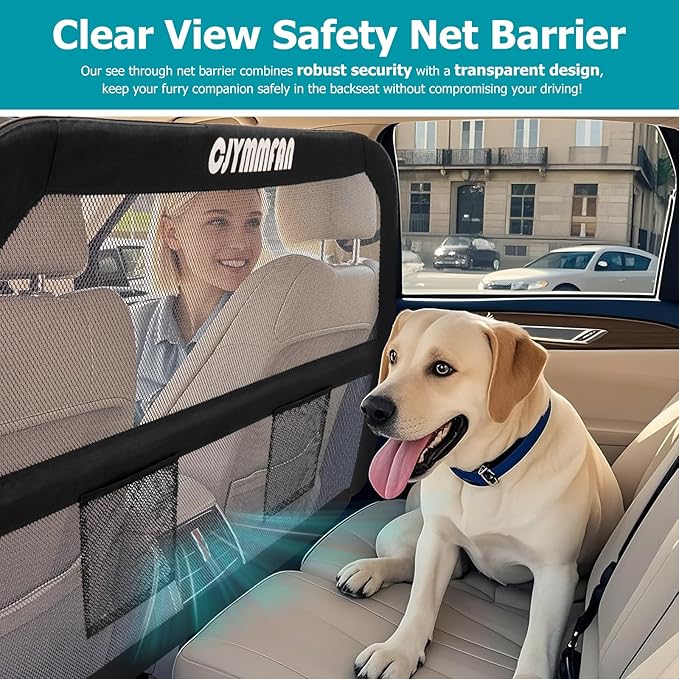 Dog Barrier for Car Back Seat & Cargo Area with Wider Coverage, Universal Fit for Car, SUV & Truck, Dog Car Divider with Chew-Proof Transparent Net and Sturdy Metal Frame for Backseat & Trunk