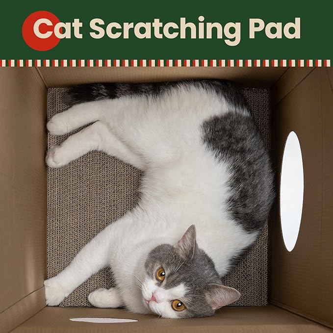 Cardboard Cat House with Scratch Pad & Catnip, Cat Play Scratching House for Indoor Hideaway Furniture, Heavy Duty Sturdy Cardboard Scratcher, Easy to Assemble Birthday Gift, Medium