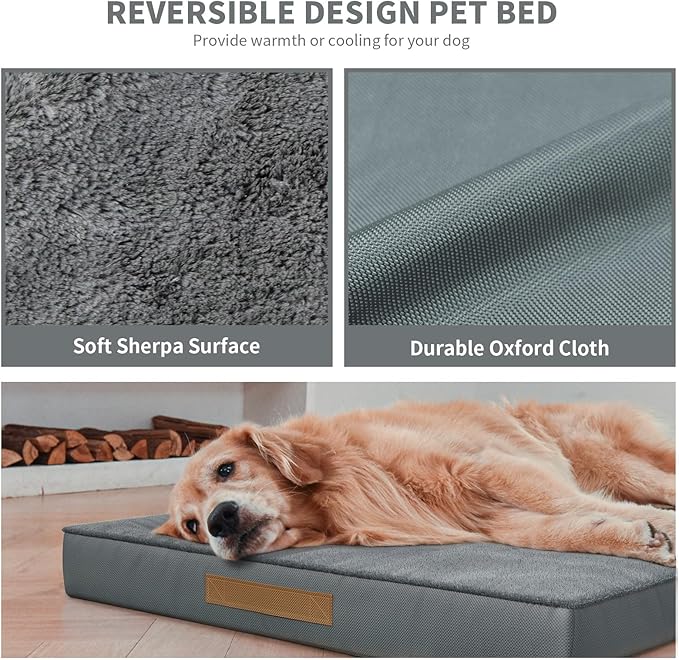 Flat Extra Large Dog Bed, Jumbo Waterproof Dog Bed for Large Dogs, Orthopedic Egg Crate Foam Pet Mat with Removable Washable Cover, Gray