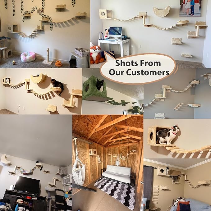 20-in-1 Cat Wall Shelves, Wall Mounted Pet Furniture w/Plush Fabric, Cat Climbing Wall System, 63'' Cats Tower w/Scratching Posts, Cats Shelf with 40''L Tunnel, Condos, House, Step and Ladder