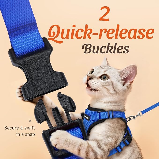 Dooradar Cat Harness and Leash Set, Escape Proof Safe Adjustable Kitten Vest Harnesses for Walking, Easy Control Soft Breathable Mesh Jacket with Reflective Strips for Cats, Blue, XS
