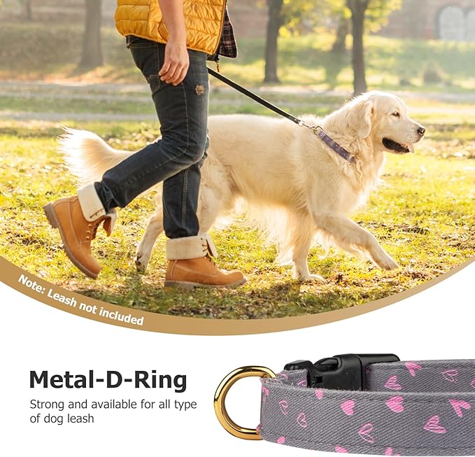 Cotton Handmade Dog Collar Cute and Distinctive Patterns Grey Heart with Pendant for Girl Boy Dogs Collars S