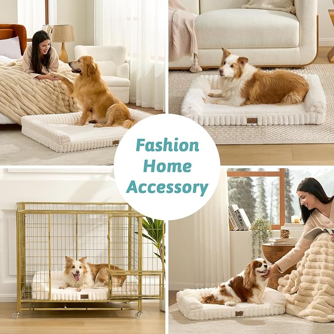 Cute Dog Bed for Extra Large Dogs, Faux Rabbit Fur Orthopedic Foam Dog Bed with Sides, Removable Washable Cover & Waterproof Lining, Comfortable Pet Couch, Cream (48" L x 35" W x 7.5" Th)