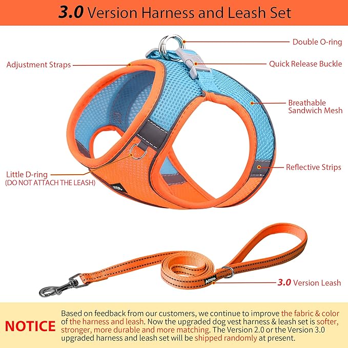 AIITLE Dog Harness, No-Pull Cat Harness with a Leash, Adjustable Reflective Dog Vest, Cat Harness Escape Proof, Outdoor Walking, Running,Training for Extra Small Dogs and House Cats Orange XXXS