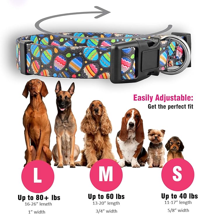 Native Pup Easter Dog Collar, Cute Spring Gift for Puppies, Pink Pastel, Eggs, Chicks, Bunny Adjustable for Small, Medium, Large Breeds (Eggs, Small)
