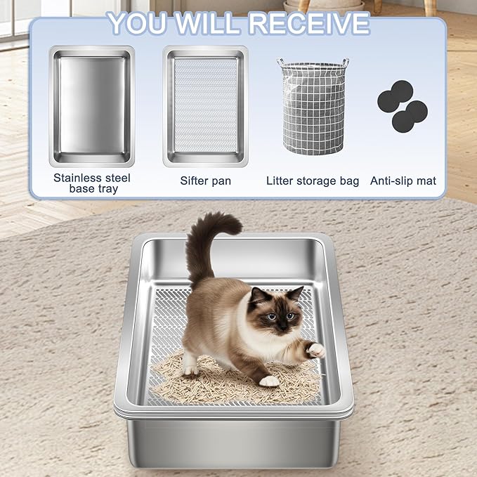 Teheao 2 Pack Stainless Steel Sifting Cat Litter Box for Clumping Litter, XL Extra Large Metal Sifter Tray Pan with Cat Litter Bag, Low Dust, Odor Control, Easy Cleaning (19.7"*13.8"*5.9")