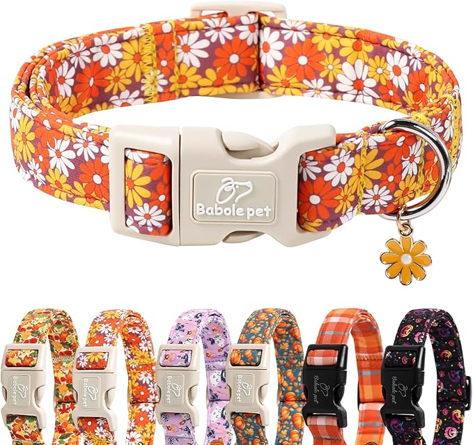 Fall Dog Collar Vintage Daisy Puppy Collar - Hippie Flower Dog Collars Light Comfortable Adjustable Pet Collars for Small Medium Large Girl Boy Dogs M