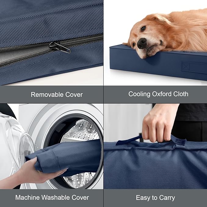 Outdoor Large Washable Dog Bed, Orthopedic Egg Crate Foam Dog Crate Mat for Large Dogs with Removable Oxford Cooling Cover, Navy