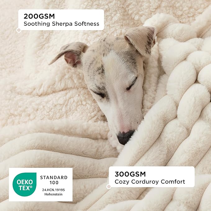 Bedsure ComfyFleece™ Waterproof Dog Blankets for Medium Dogs - Soft Puppy Cat Blanket Corduroy Fleece Washable, Cozy Calming Reversible Furniture Protection for Pet Kitten Doggy,30"x40", Cream