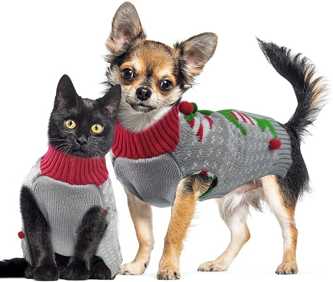 Dog Cat Ugly Christmas Sweater Boy Girl Xmas Pet Clothes Holiday Puppy Costume New Year Gifts for Small Medium Large Dogs Outfits (XXS, Grey Elf)