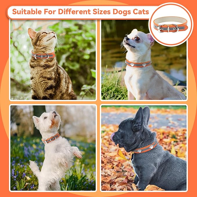 PETCARE Reflective Dog Collar with Cute Paw Rivet Studded Funny Soft PU Leather Adjustable Puppy Dog Collars for Small Medium Large Dogs Cats (Orange,Small)