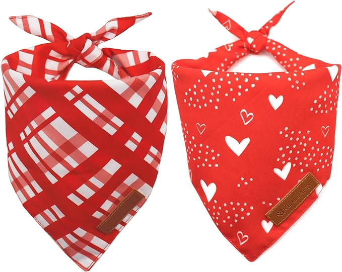 Realeaf Valentine's Day Dog Bandanas 2 Pack, Reversible Red Plaid Heart Dog Scarf for Boy and Girl, Premium Durable Fabric, Holiday Love Bandana for Large and Extra Large Dogs Pets (X-Large)