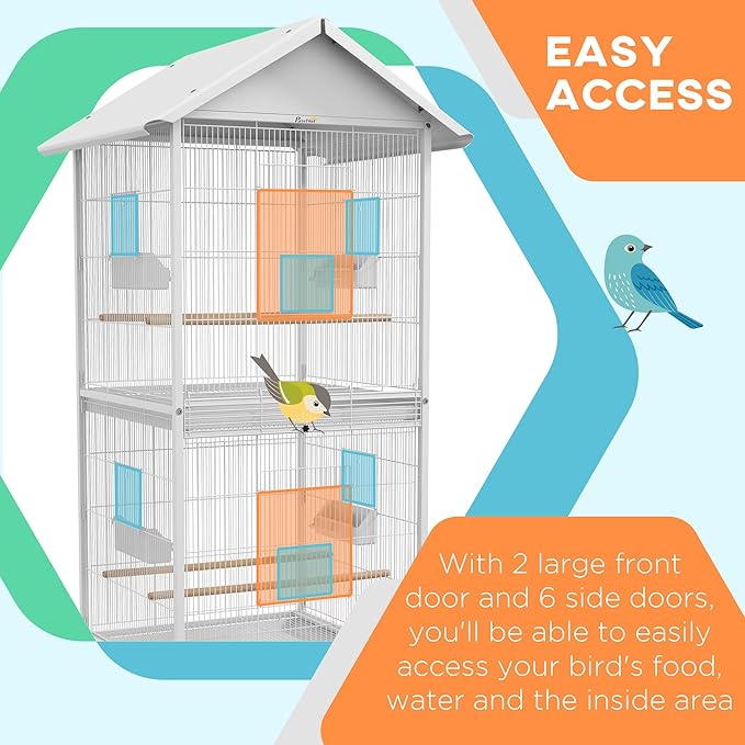 PawHut Wrought Metal Bird Cage Feeder with Rolling Stand Perches Food Containers Doors Wheels 67" H, White