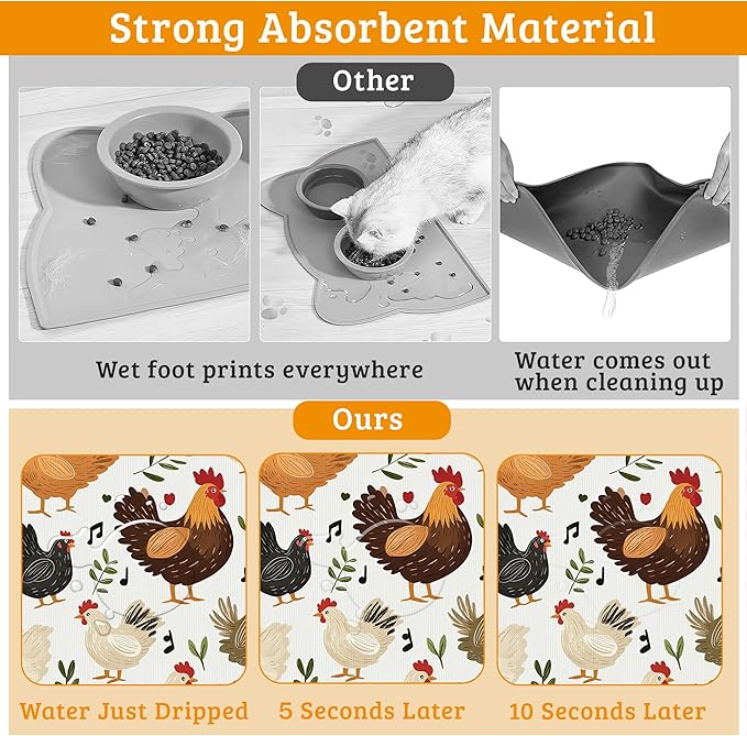 Dog Bowl Mat,Chickens Roosters Pet Feeding Mat for Floors Waterproof,Plants Leaf Absorbent Dogs Placemat for Food and Water Quick Dry Pet Cat Feeding Mats with Non Slip Bottom 12" x 20"