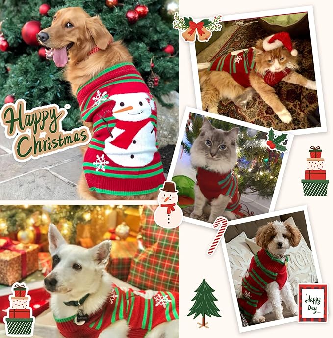 Dog Christmas Sweater Cute Snowman Puppy Cat Costume Boy Girls Xmas Holiday Pet Clothes New Year Outfits Gifts for Small Medium Large Dogs (L, Red Green Stripe Snowman)